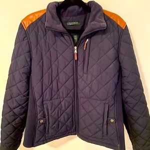Ralph Lauren Womens XL Quilted Navy Jacket with Leather Accents